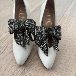 Gucci White Heels with Black Crystal Bow